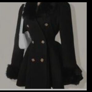 SHEIN Black Double-Breasted Pea Coat with Fur Trim